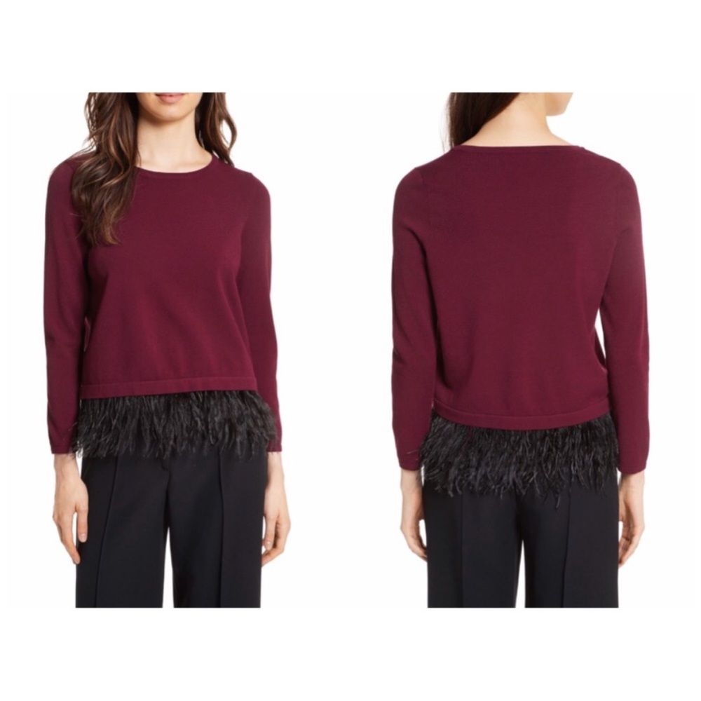Milly Wine Crewneck Sweater with Black Feather Trim